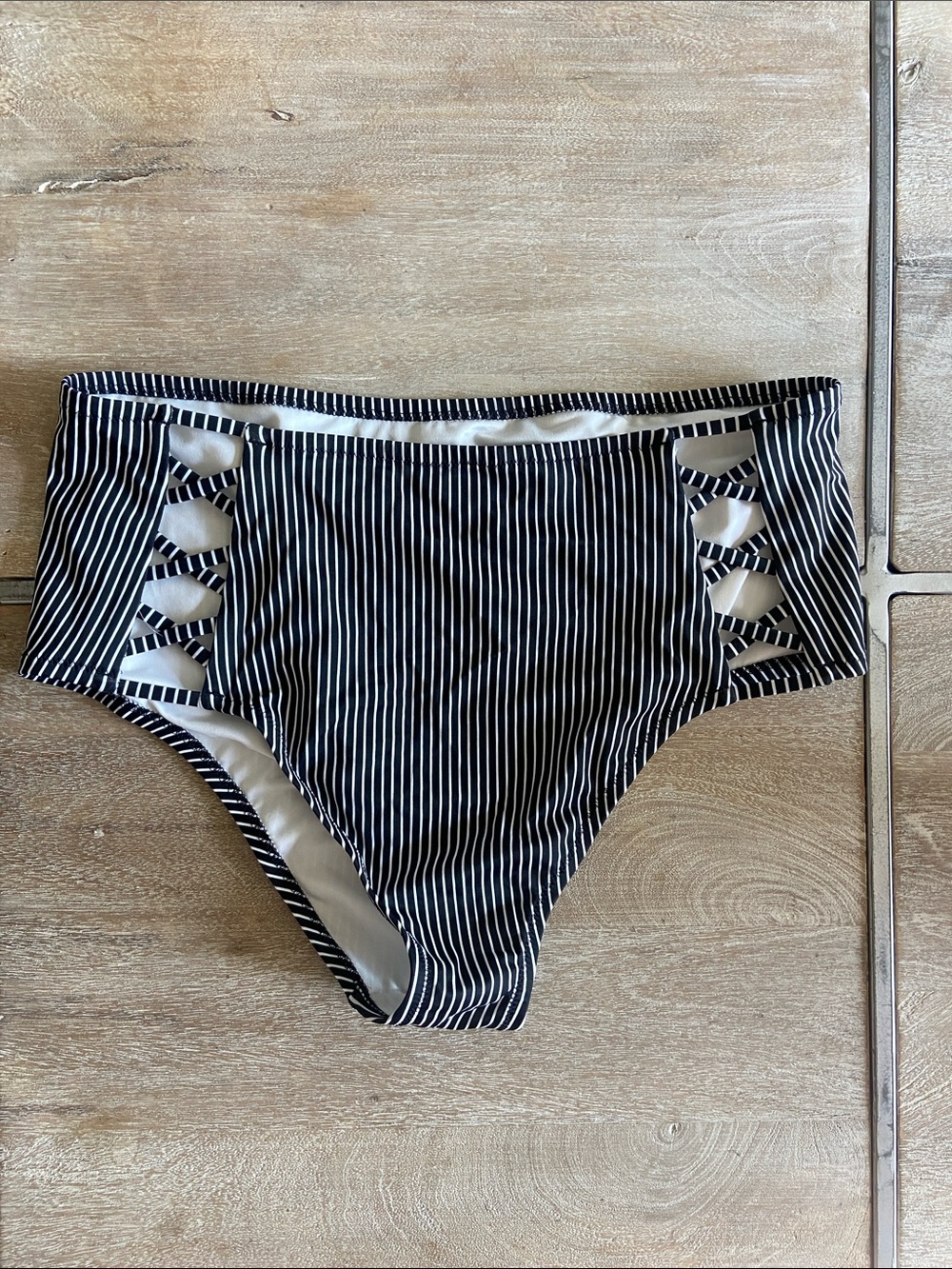Shade & Shore Black & White Striped High-Waist Bikini Bottoms